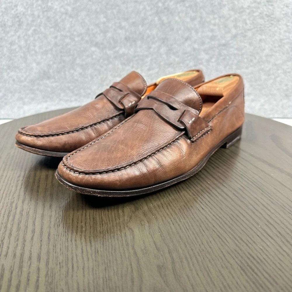 Santoni Penny Loafers Mens 10.5D Brown Leather Slip On Shoes Made in Italy